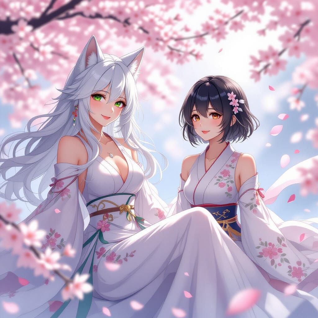 Ethereal Women Floating Among Cherry Blossoms