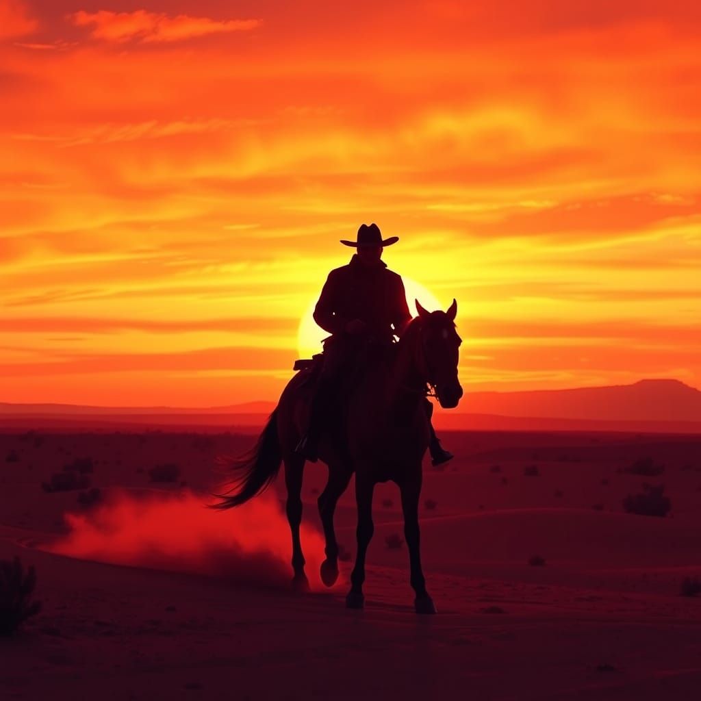 Lone Cowboy Sunset Silhouette in Desert Landscape