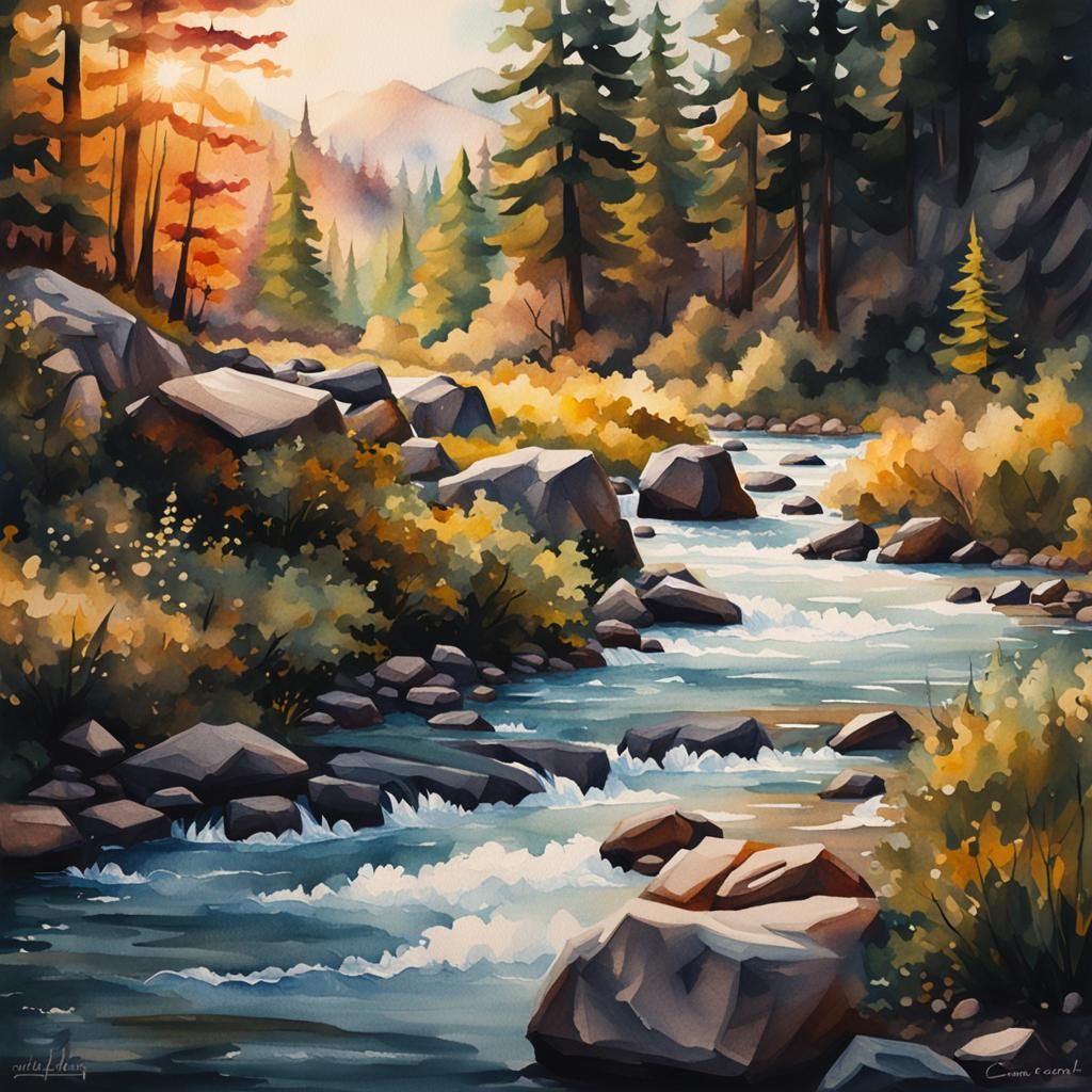 Watercolor River Tattoo Design with Bokeh