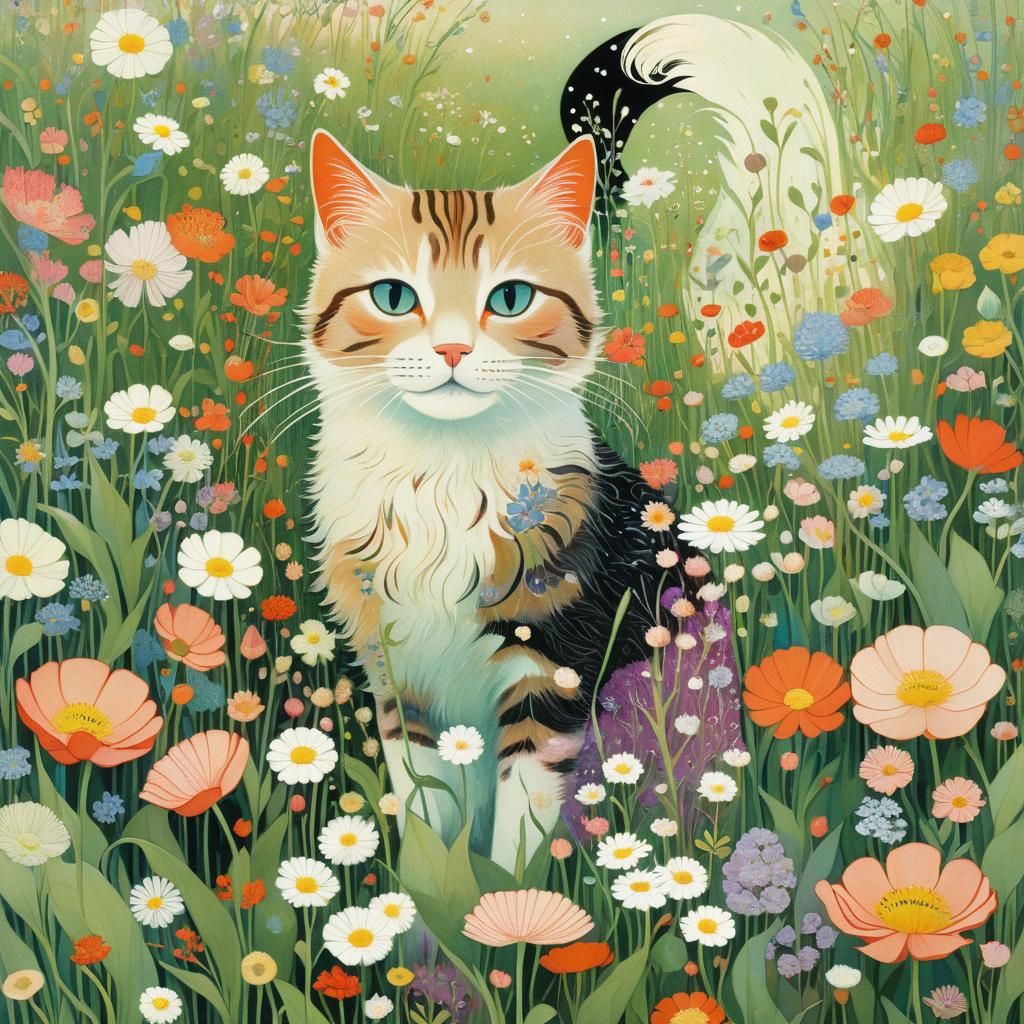Cat in Flower Meadow, Expressive Illustration