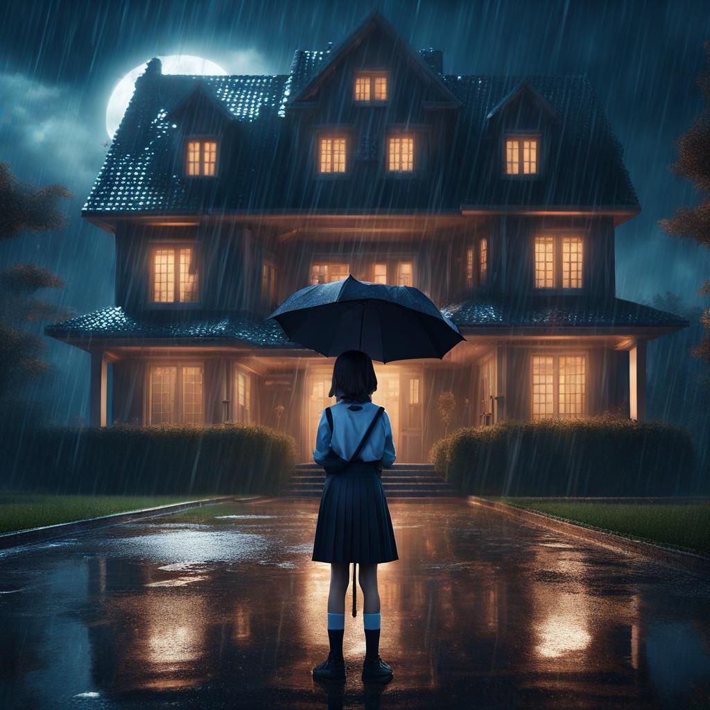 Girl in Rain at Haunted House, Matte Painting