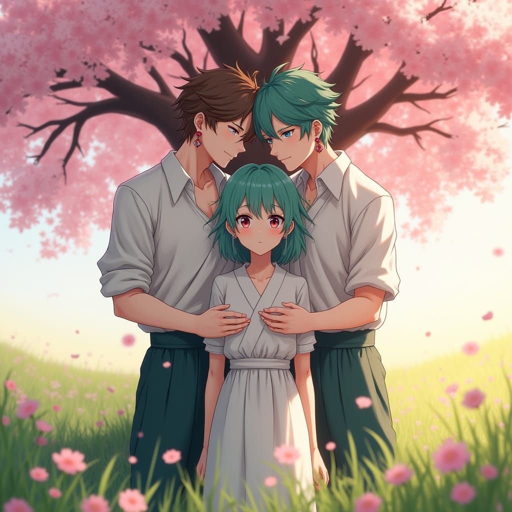 Embrace in a Cherry Blossom Meadow: 3D Anime Art