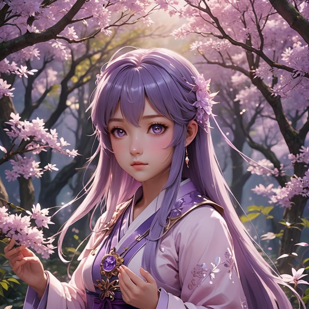 Serene Anime Character in Soft Pink and Purple