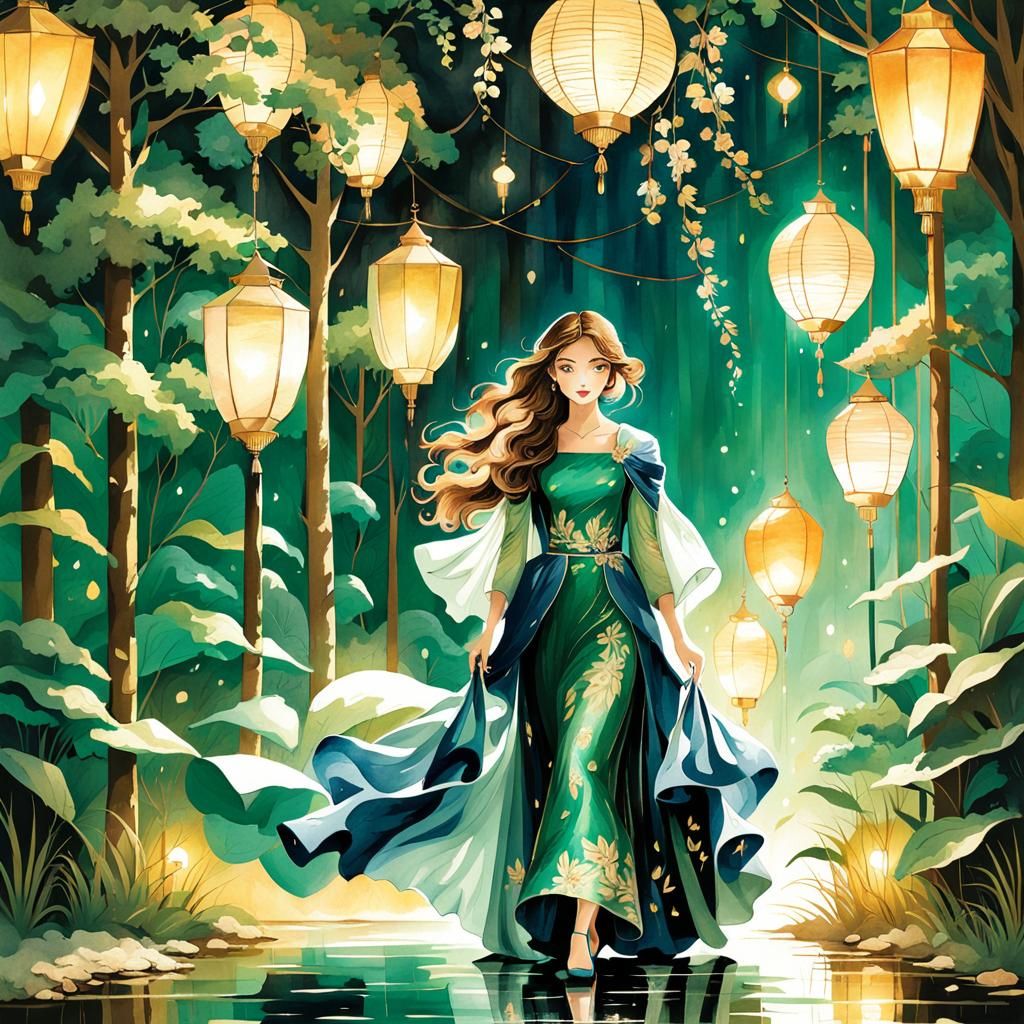 Woman in Emerald and Sapphire Gown, Watercolor Art