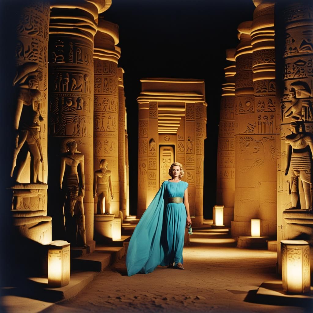 Egyptian Goddess in Temple at Night