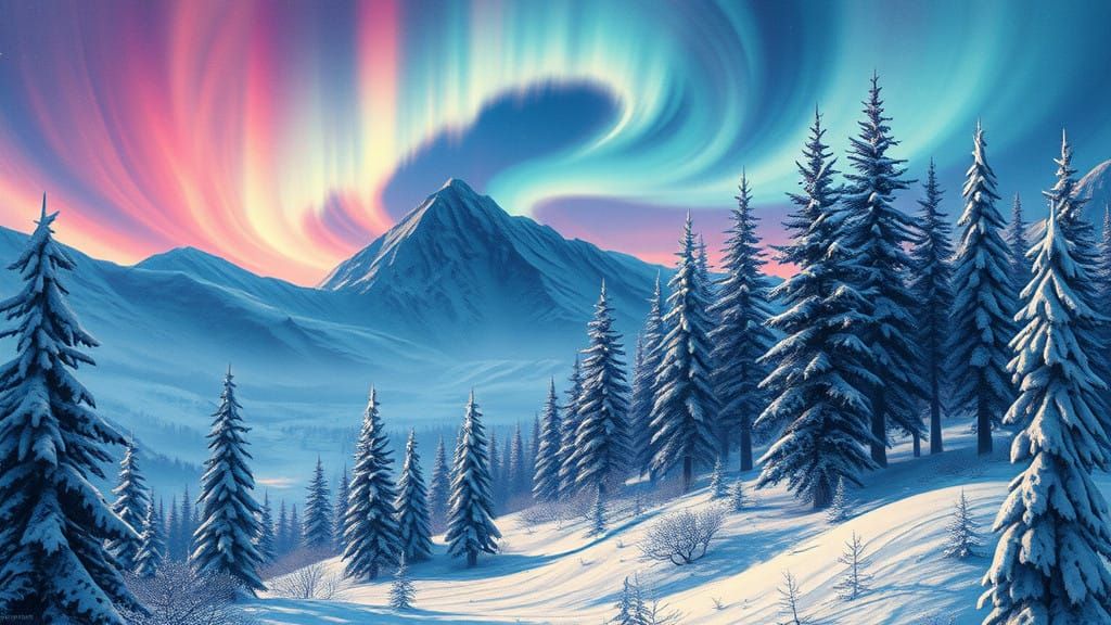 Winter Arctic Dreamscape in Vibrant Watercolor