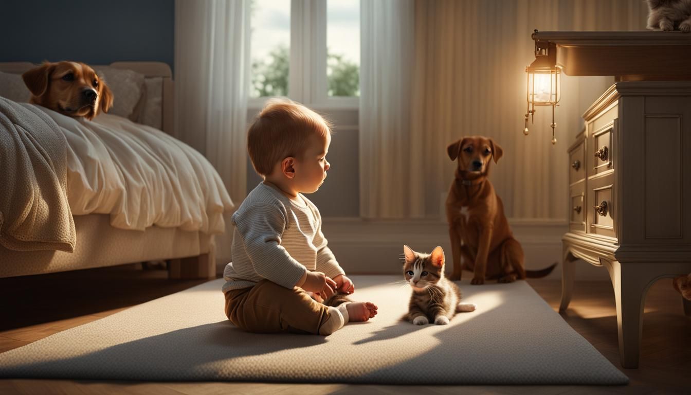 Baby with Puppy and Kitten: Photorealistic Art