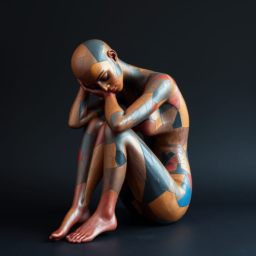 Tranquil Female Figure in Mosaic with Geometric Patterns