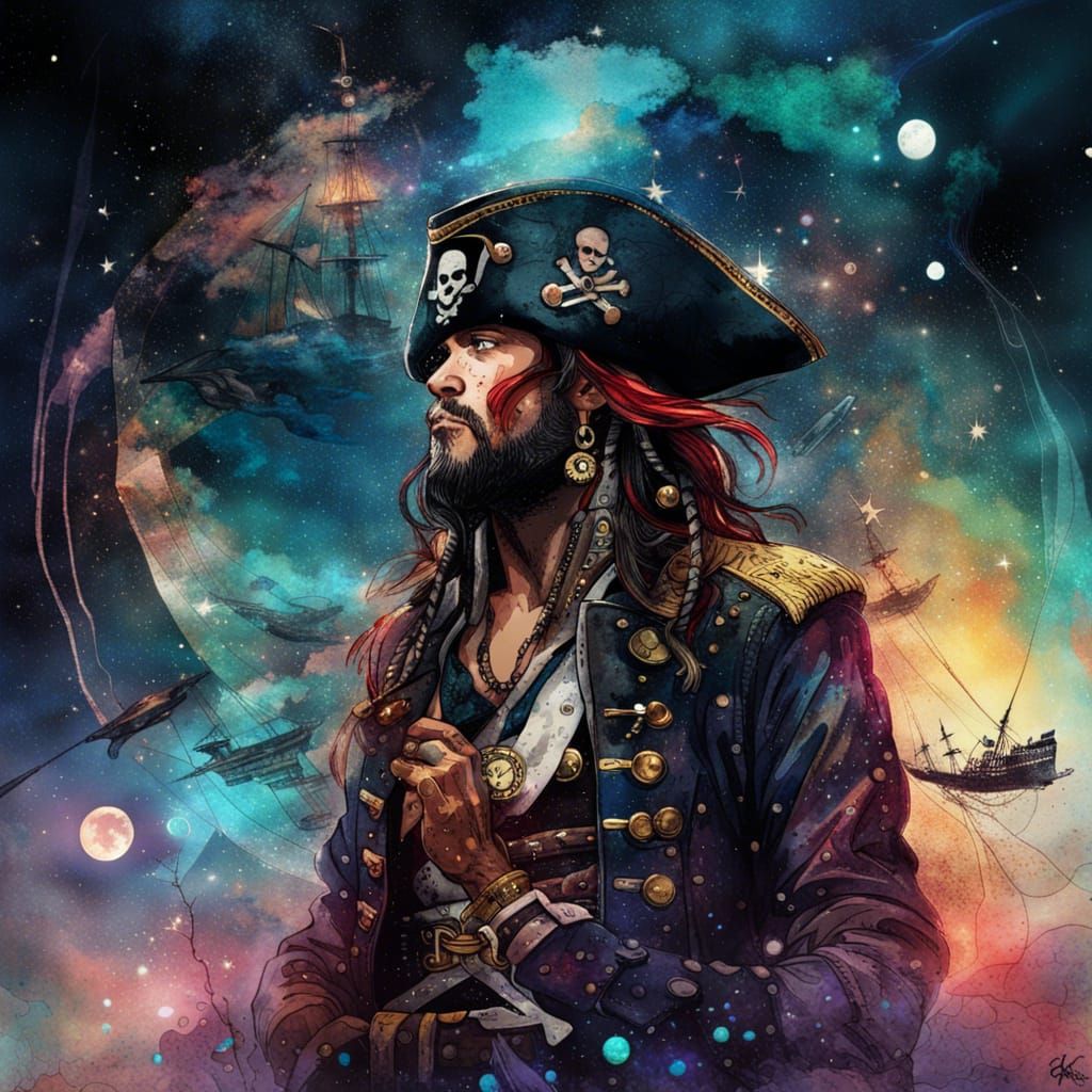 Pirate Captain Double Exposure Portrait in Watercolor Style