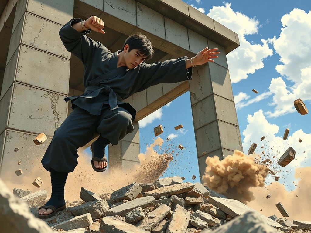 A concrete building crumbles from a karate blow