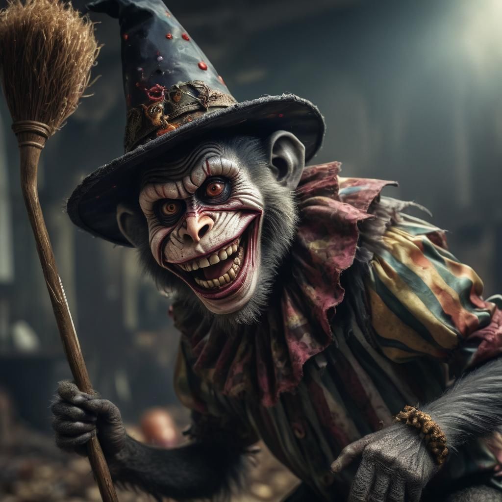 Hyperrealistic Zombie Witch Monkey Clown on Broom