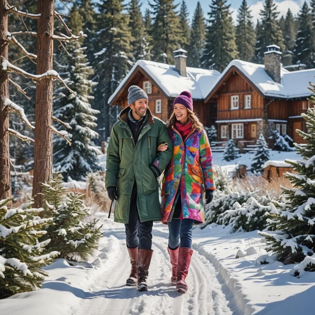 Couple Walking in Snowy Winter Wonderland