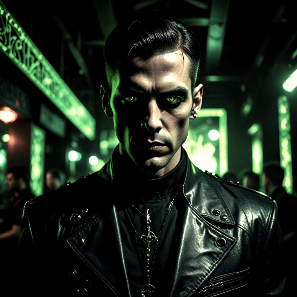 Priest in Leather at Nightclub: Close-up Portrait