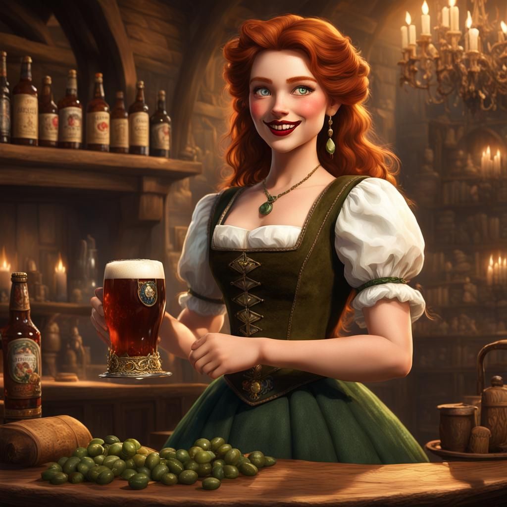 Beautiful Auburn-Haired Serving Wench Serving Amber Ale
