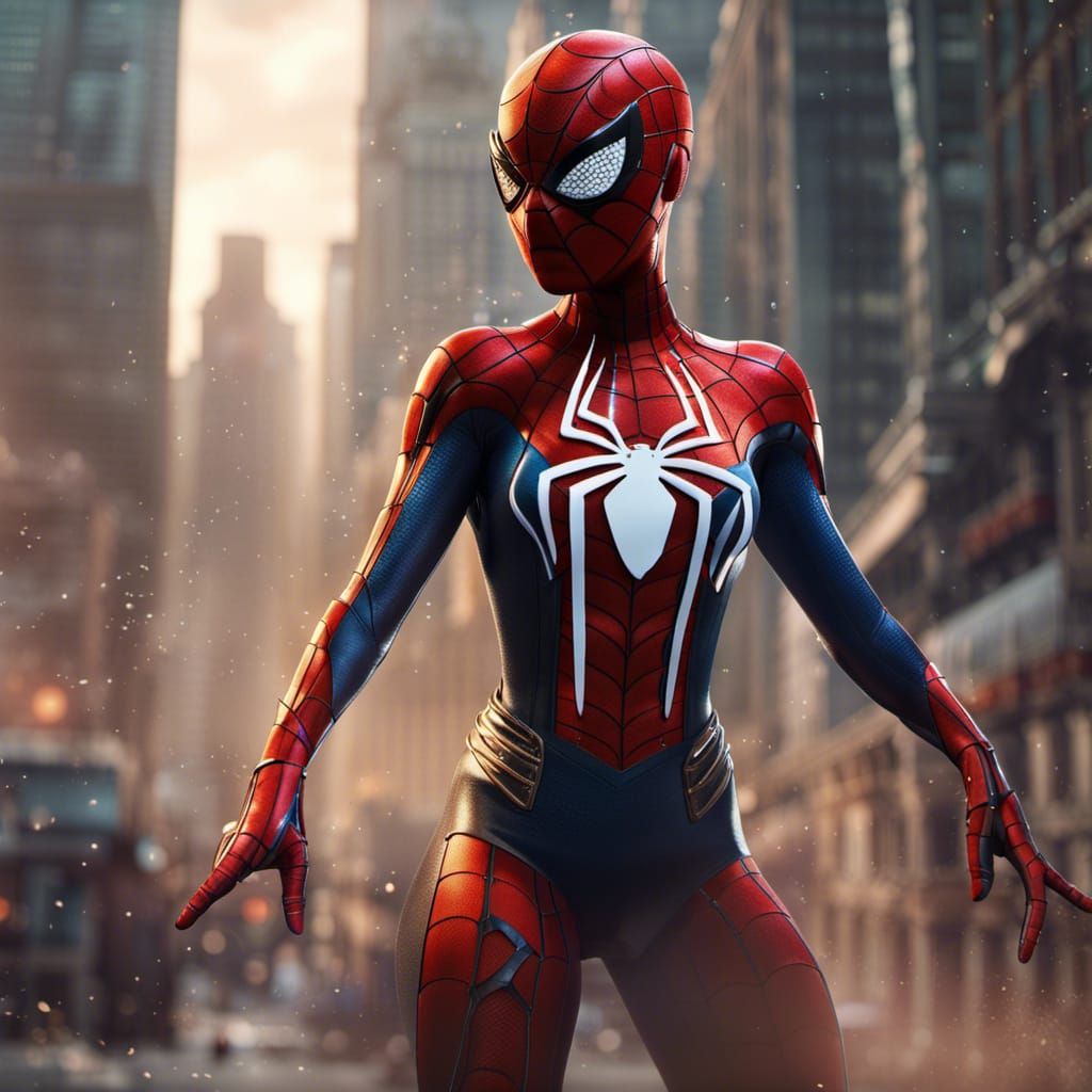 a girl with the power of spiderman in a beautiful dress