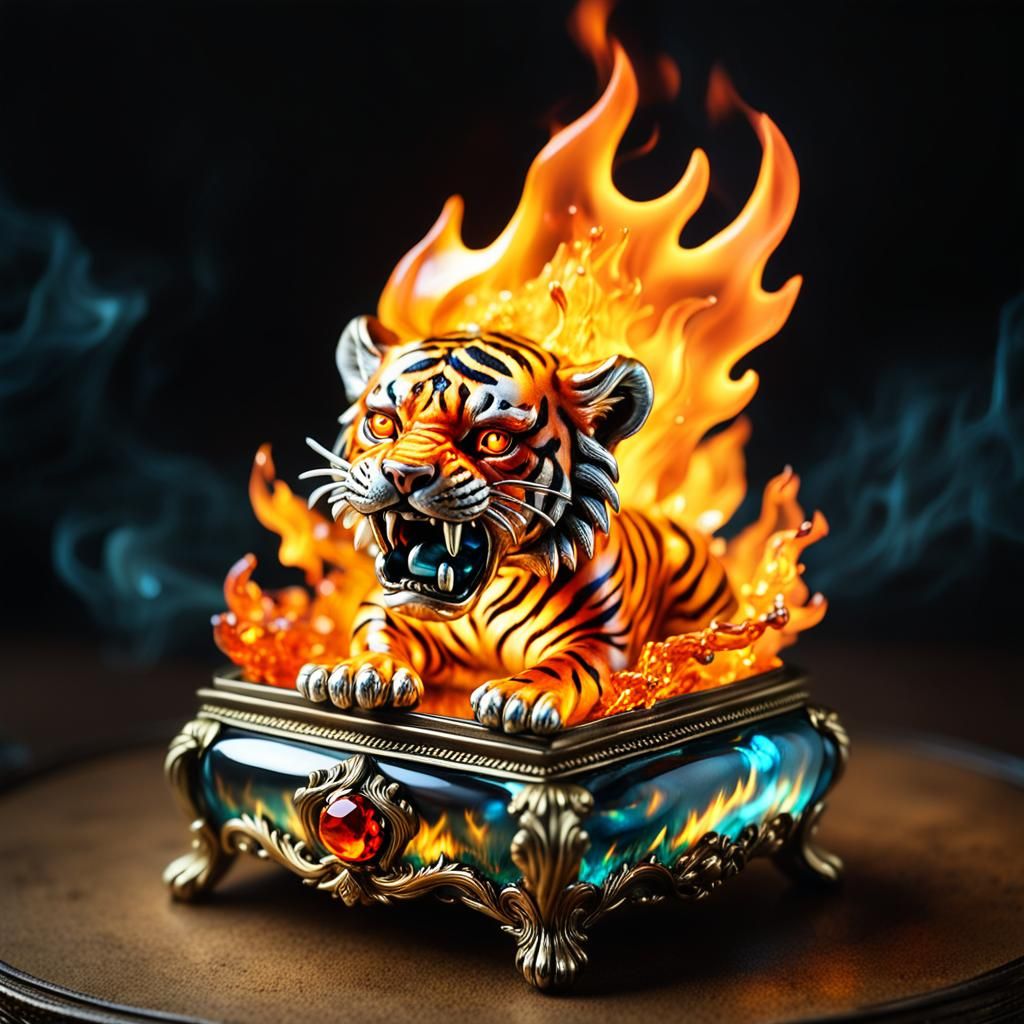 Fiery Baby Tiger in Glass Box: Dark Surrealism