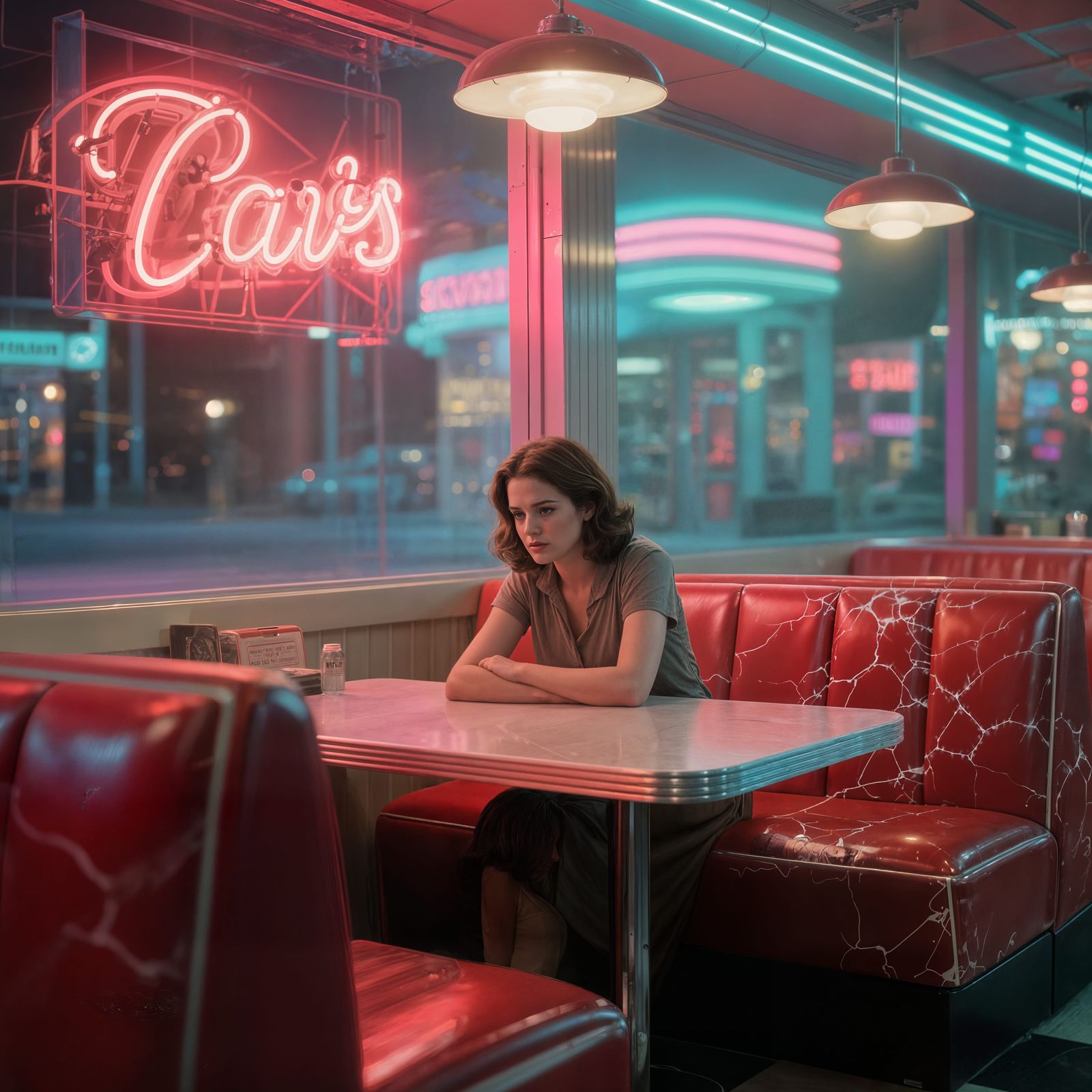 Melancholy Woman in 1950s Diner, Airbrush Art