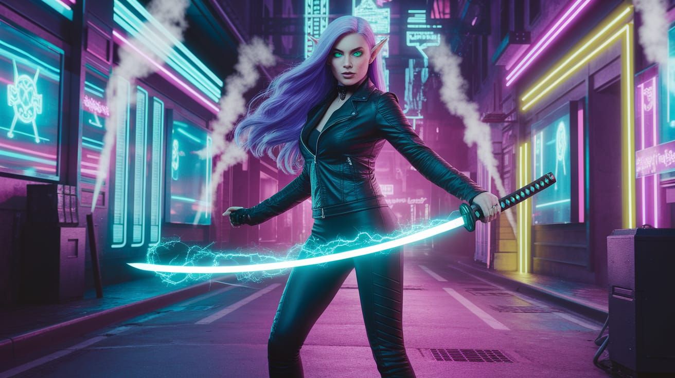 Cyberpunk Elf in Neon Alleyway, Clad in Black Leather Jacket