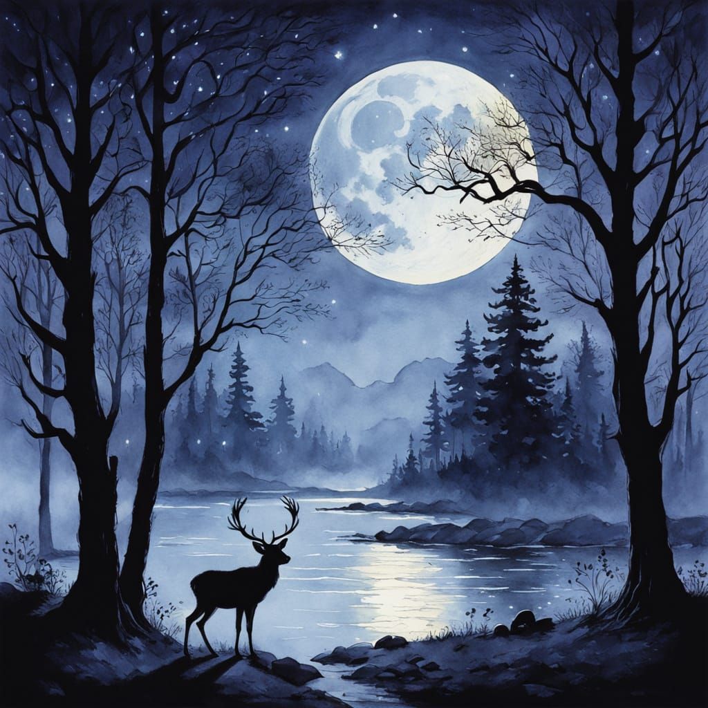 A dreamlike, moonlit landscape where the full moon hangs large and radiant in the sky, casting a soft, mysterious glow o...