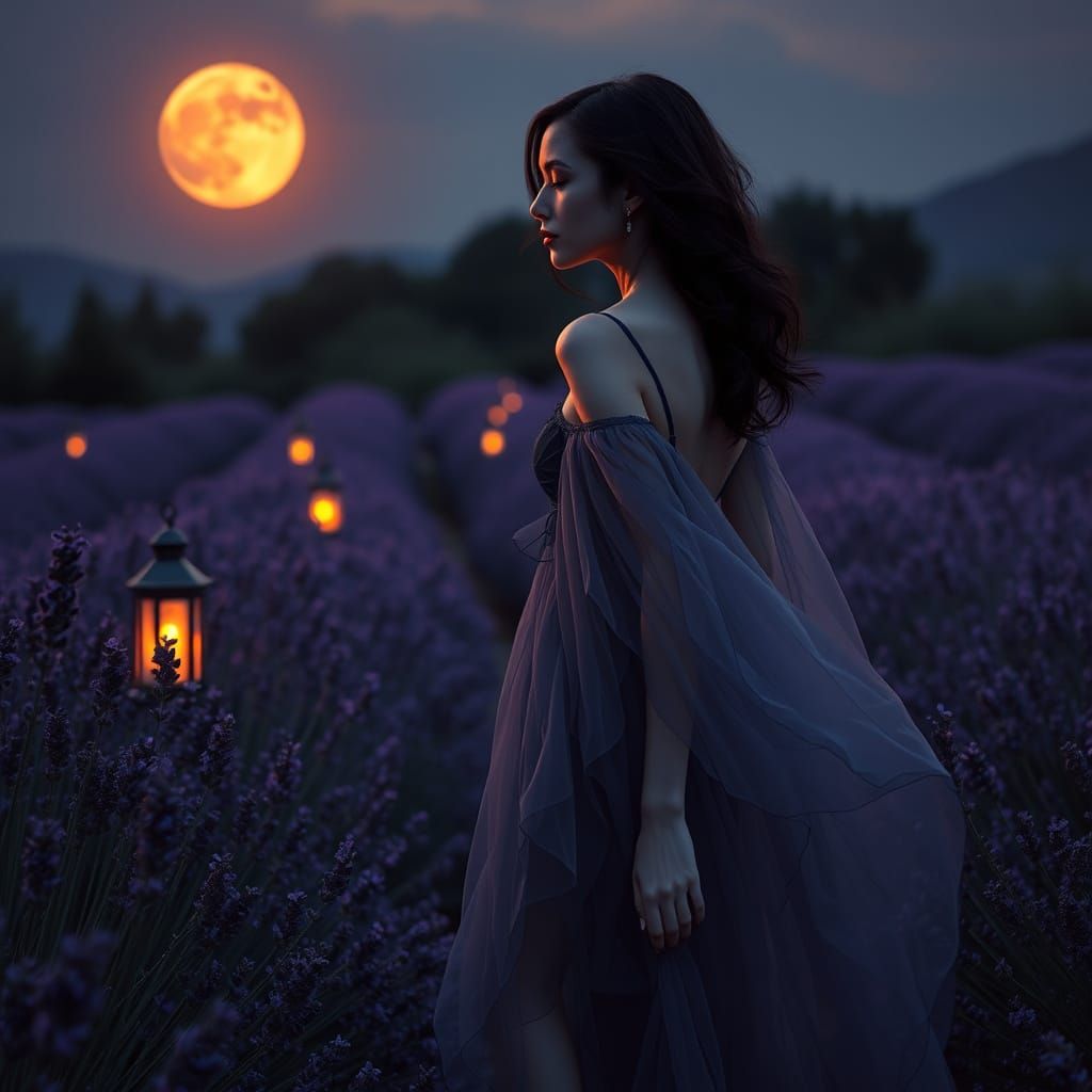 Serene Moonlit Lavender Garden Scene in Romantic Style