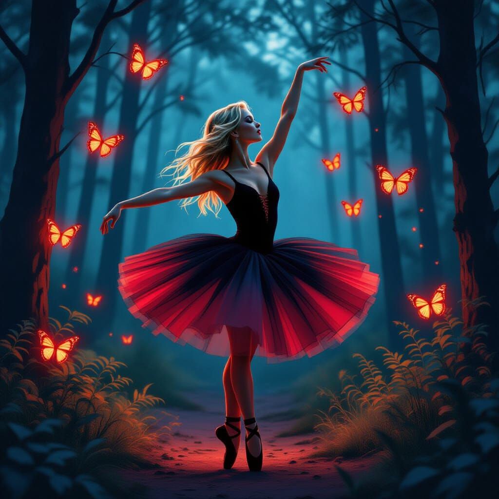 Ballerina Dancing with Neon Butterflies, Realistic Style