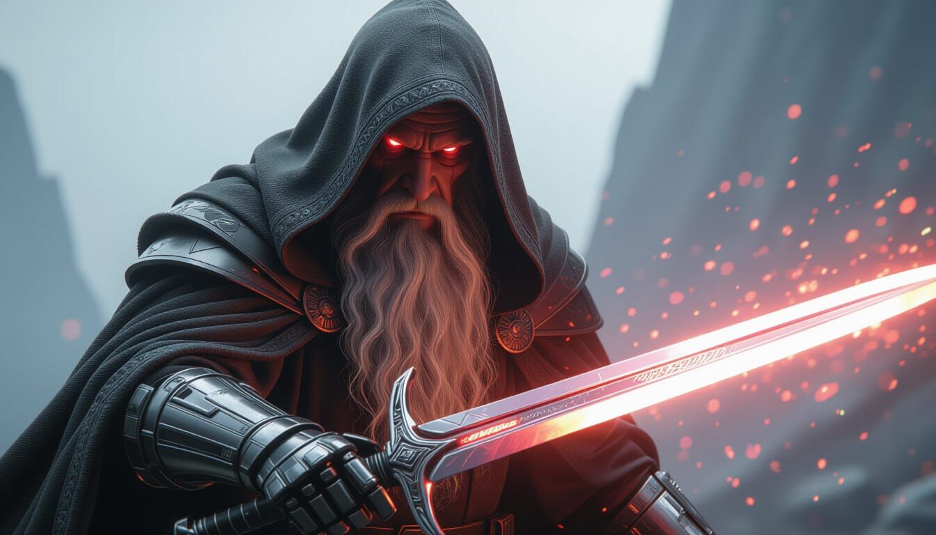 Cyborg Gandalf with Glowing Sword, Hyperrealistic