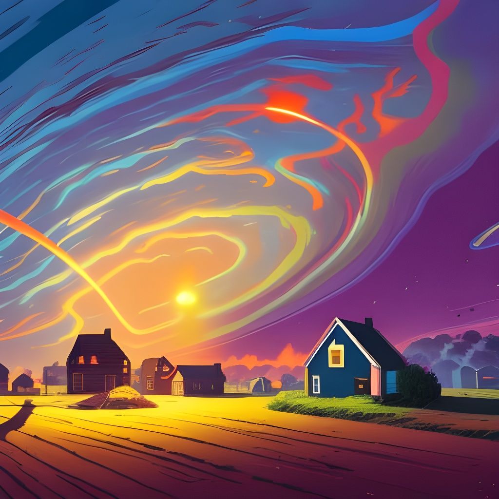 Explosive Rainbow Over Ruined Suburban Landscape