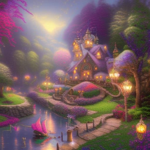 Magical Fairy Village in Purple Mist, Baroque Painting