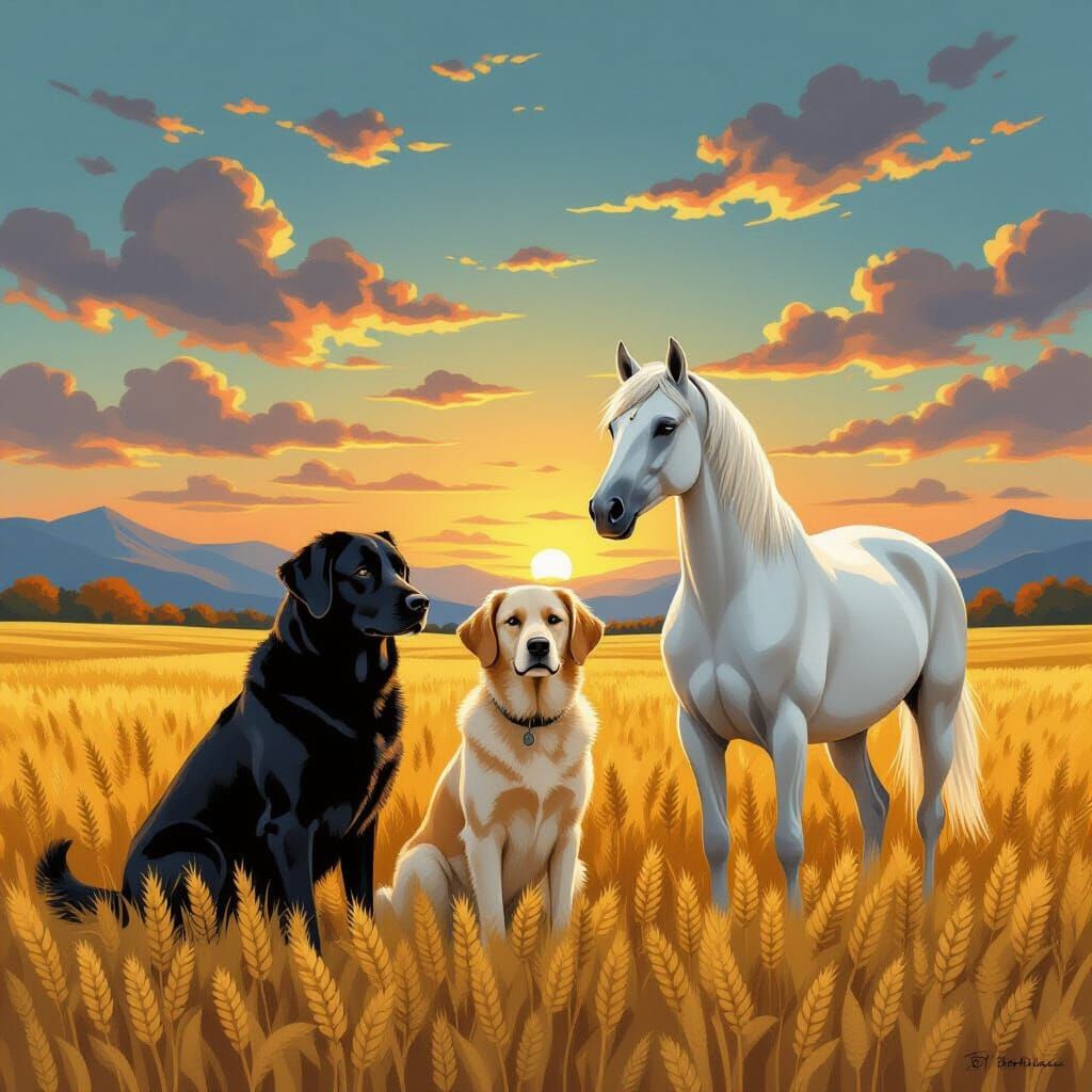 Dogs and Arabian Stallion in Golden Wheat Field
