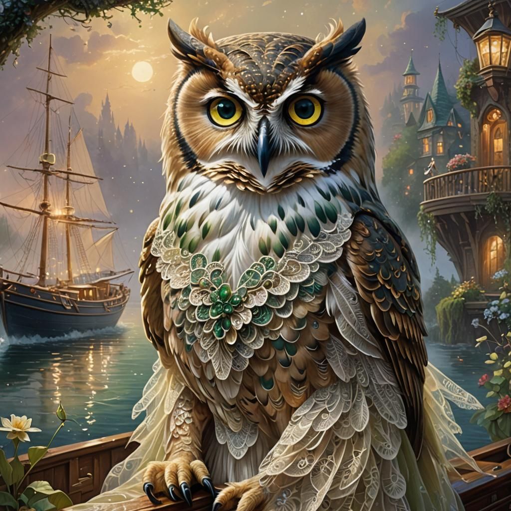 Detailed Owl in Lace Dress on Boat