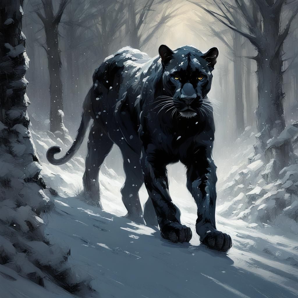 Panther Walks in Snowy Woods at Night