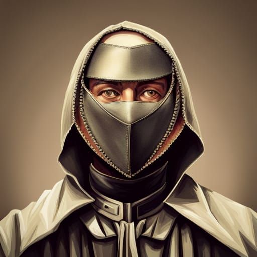 Iron Mask Portrait in Geometric Charcoal Style