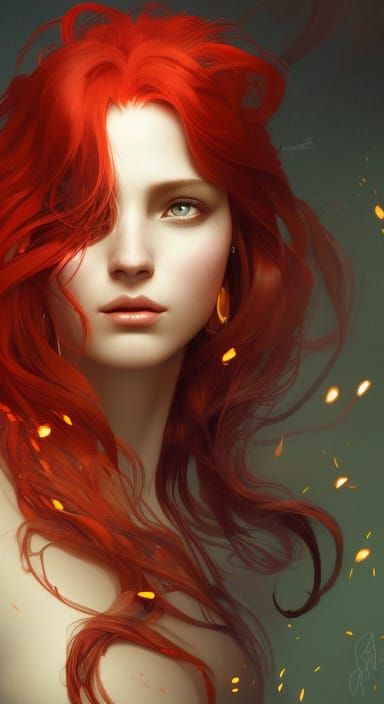 Fiery Woman Portrait with Phoenix Feathers