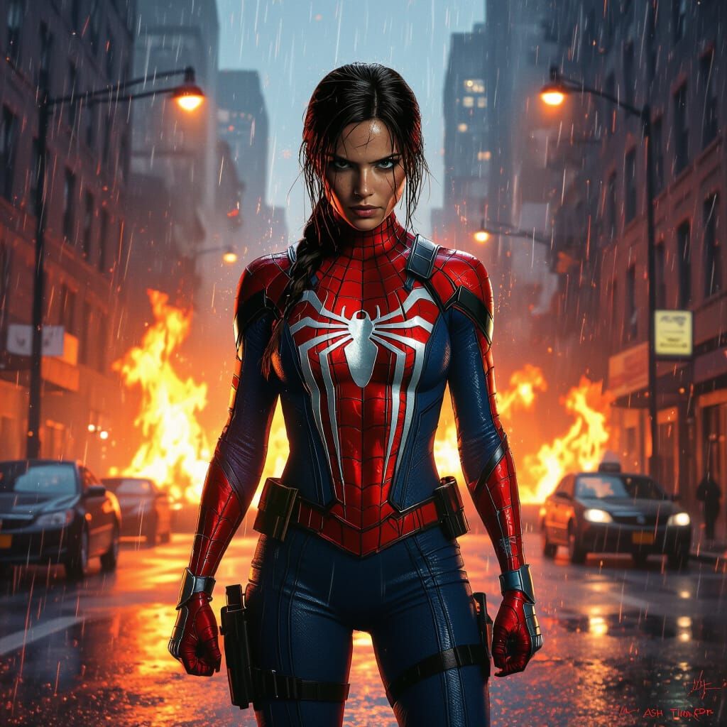 Lara Croft, under the raint, wearing a Spider-Man suit, fire...