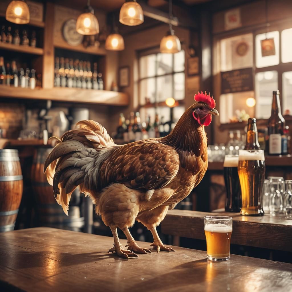 Chicken Enjoys Beer in Cozy Bar: Soft Focus