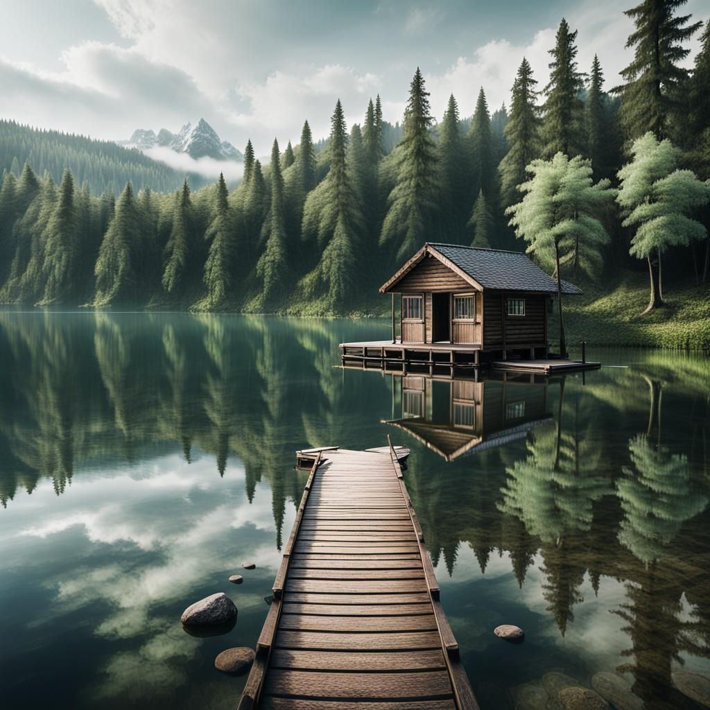 Mystical Lake Landscape with Wooden Dock and Hut