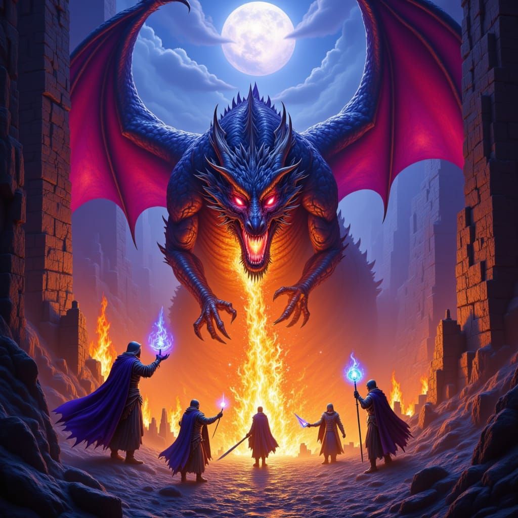 Surreal Epic fantasy battle scene in  Dungeons & Dragons.