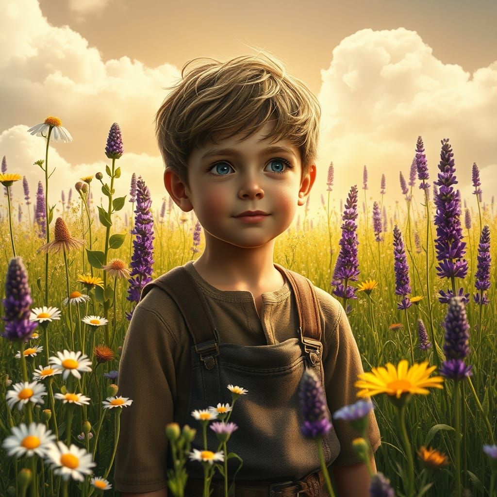 Boy in Giant Herb Meadow, Matte Painting Style