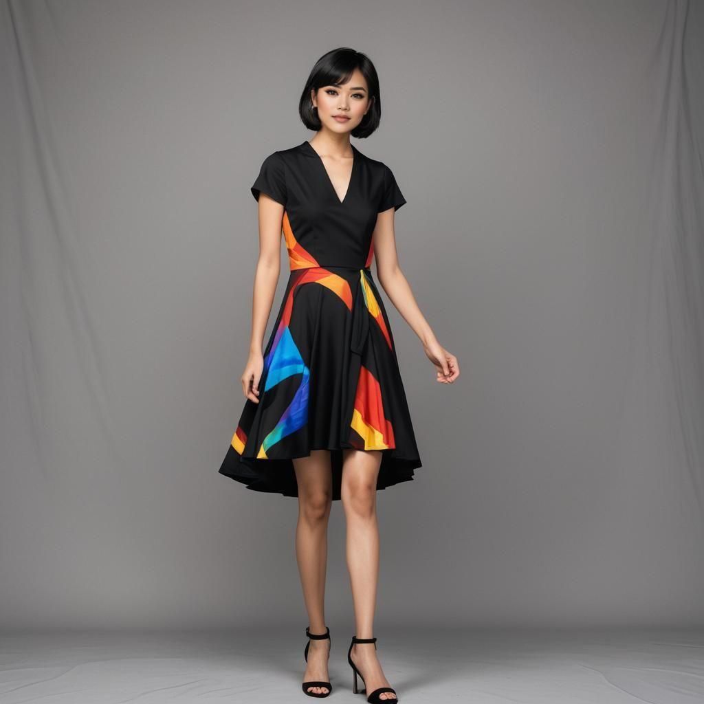 Filipina Model in Black Monochrome Rainbow Dress