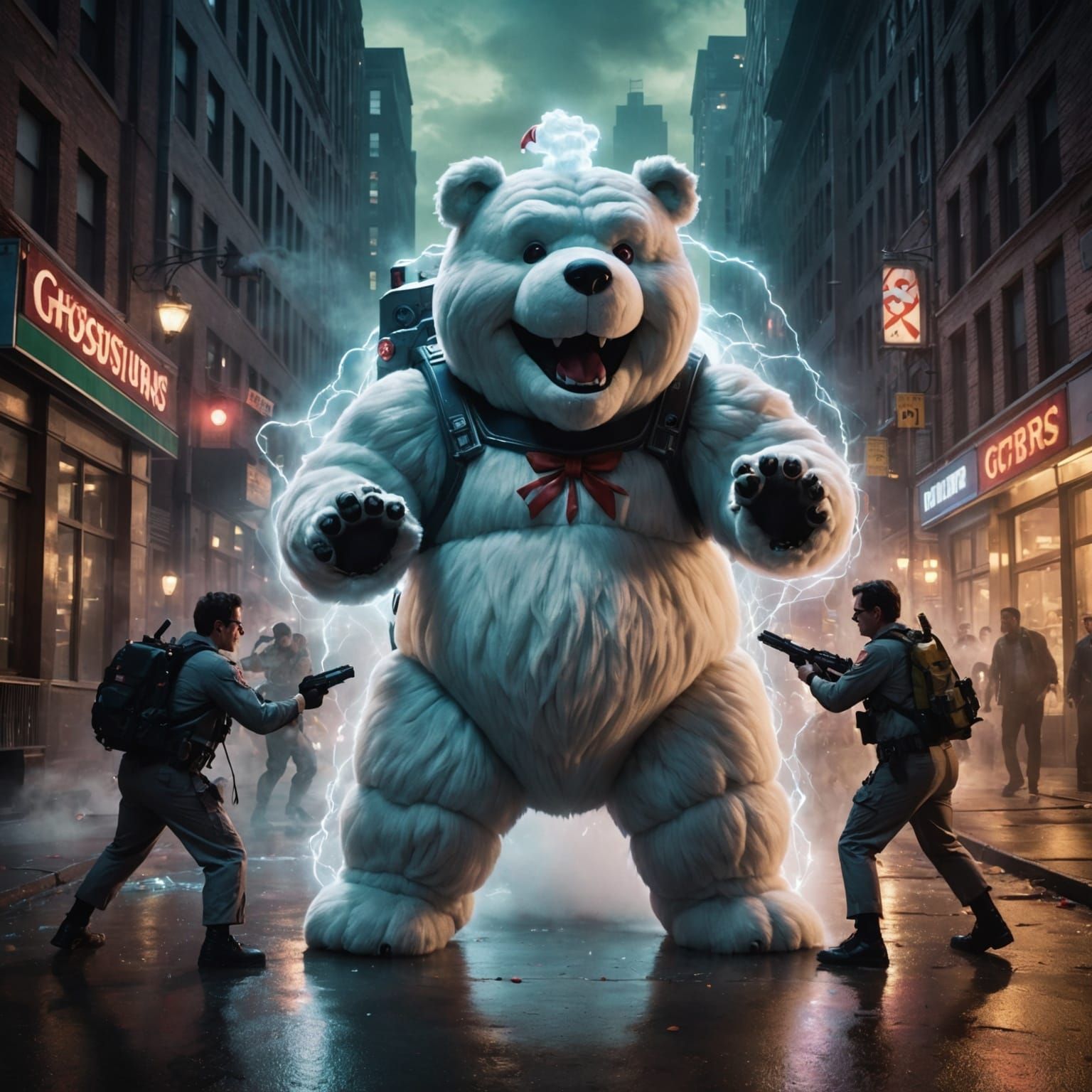 A high-resolution, cinematic image: Ghostbusters fighting a ...