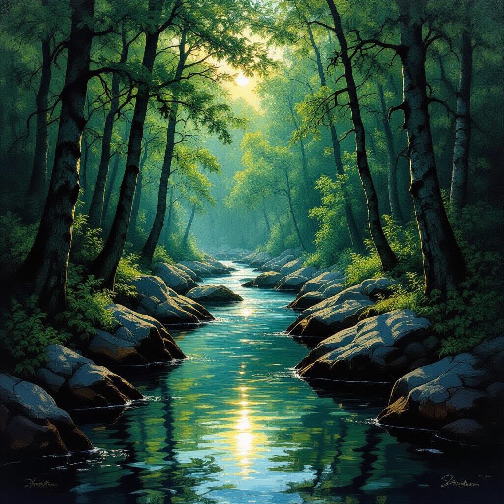 Mátra River Through Forest, Atmospheric Landscape