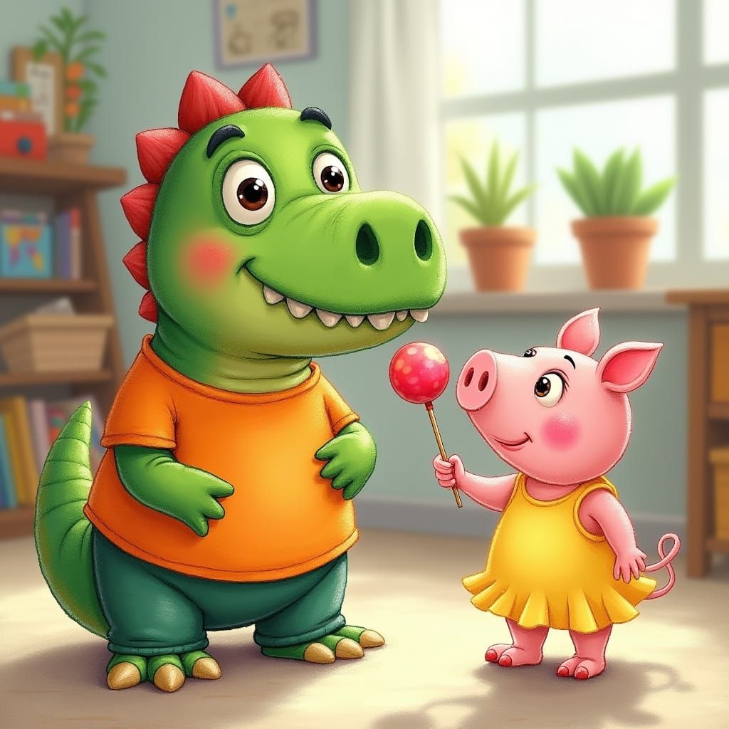 Cartoon T-Rex and Piglet in Pastel Realistic Style