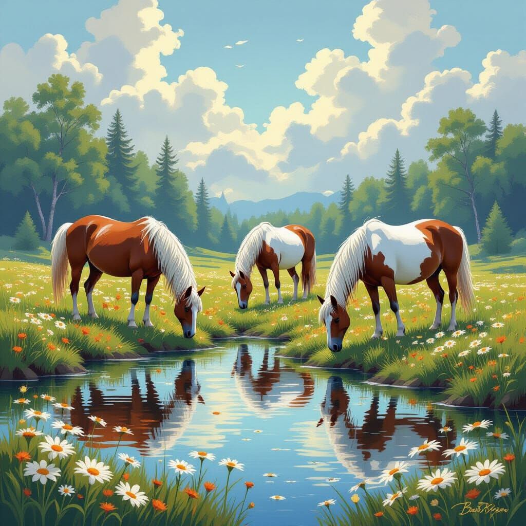 Horses in Daisy Field: Ethereal Wildlife Painting