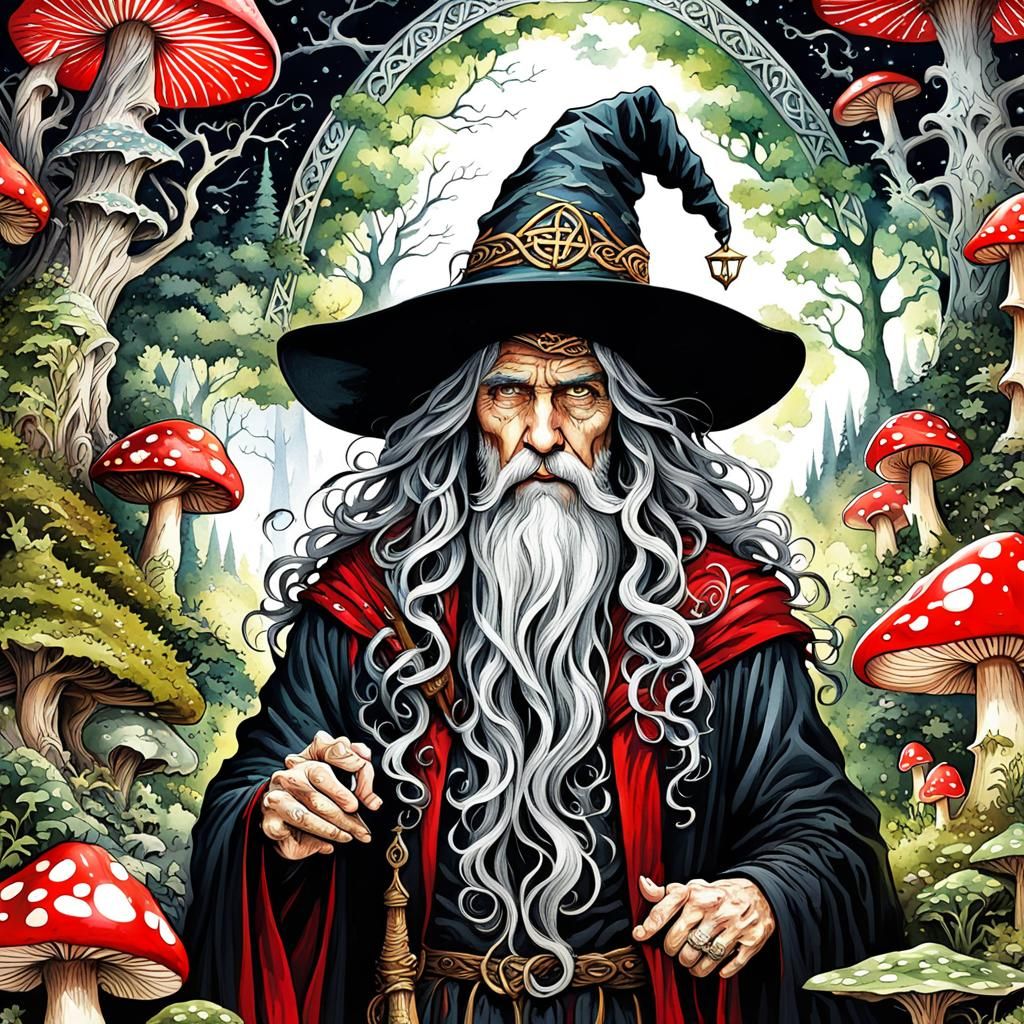 Majestic Wizard in Gothic Library, Watercolor Gouache