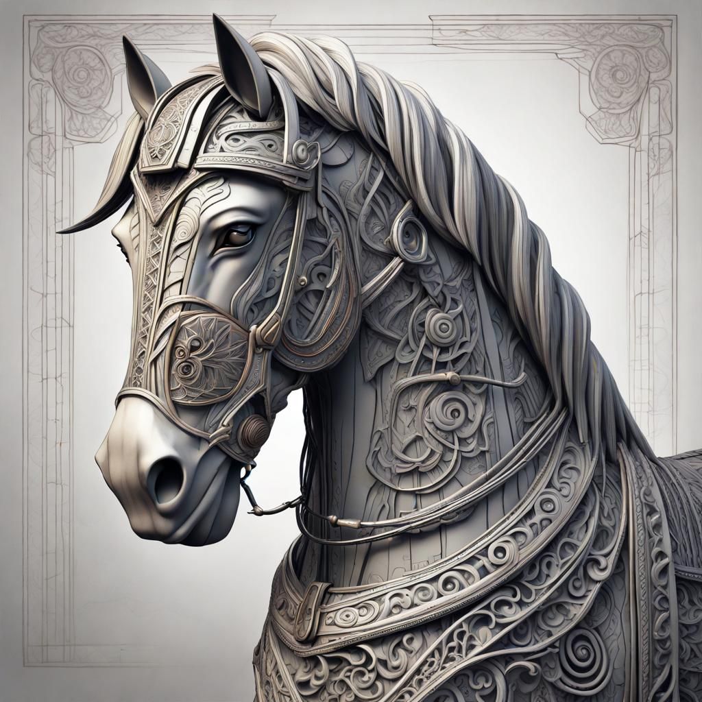 Trojan Horse Headshot in Gothic Zentangle Line Art