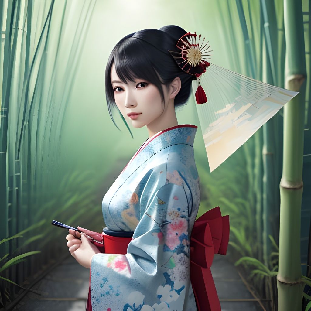 Anime Geisha in Bamboo Forest with Papercraft Style