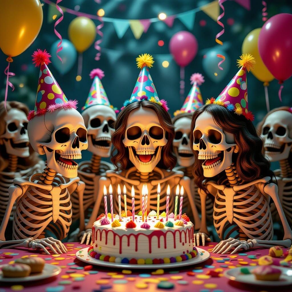Skeletons Celebrate Birthday With Candles and Party Hats