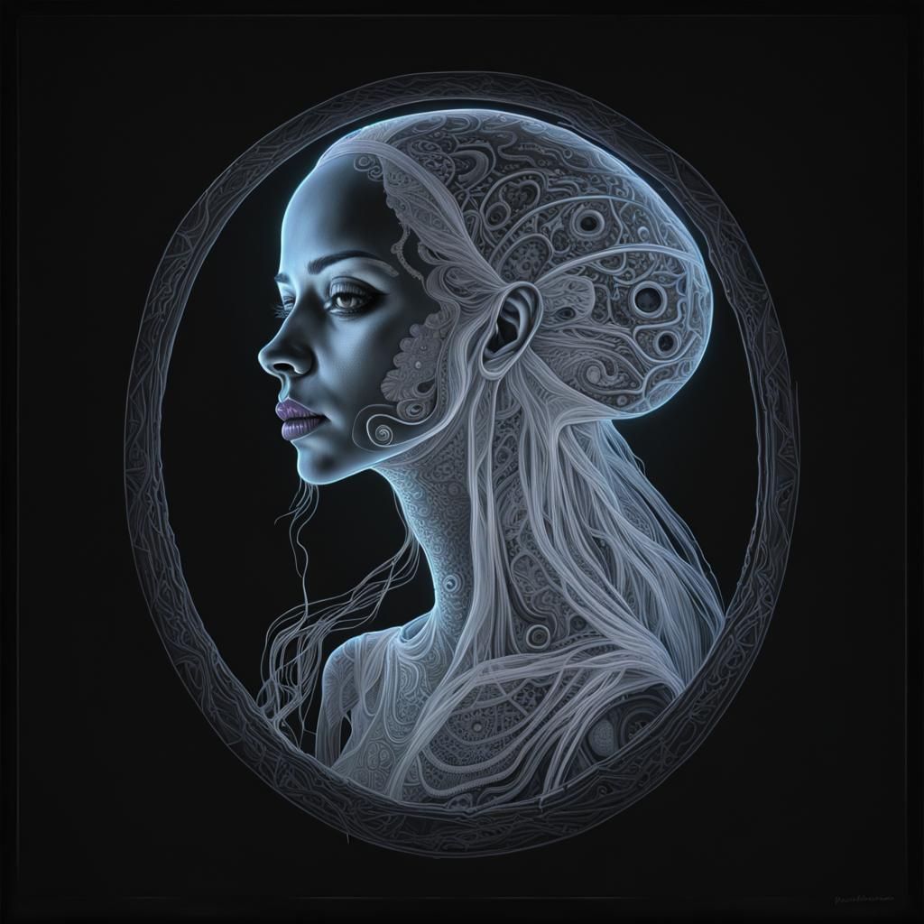 Detailed Biopunk Ghost Portrait in Blacklight Style