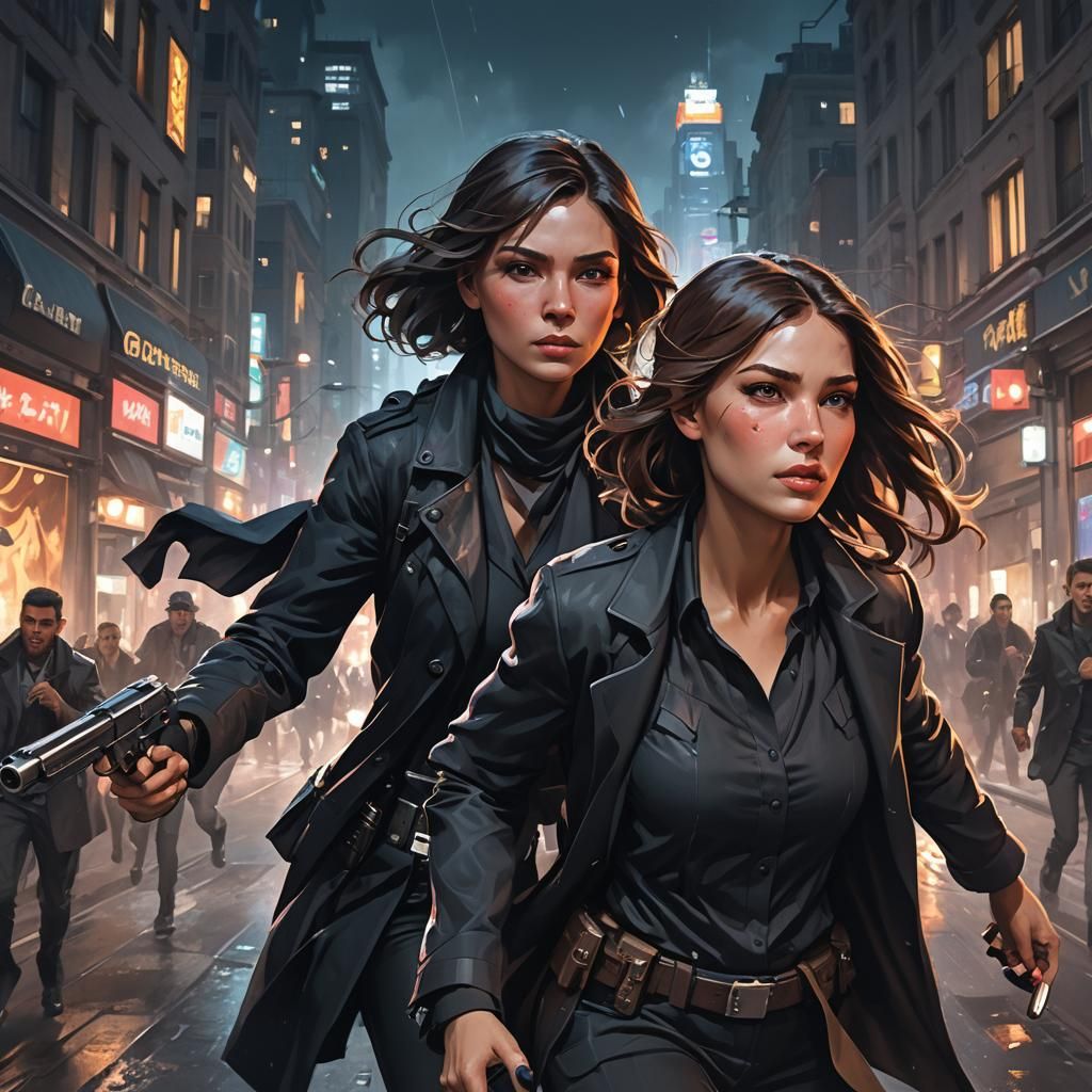 Woman Spy Running in Night City: Digital Art Portrait