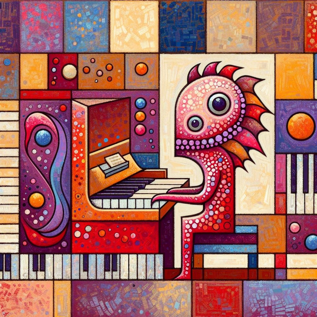 Abstract Fish-Headed Pianist in Lilac and Red